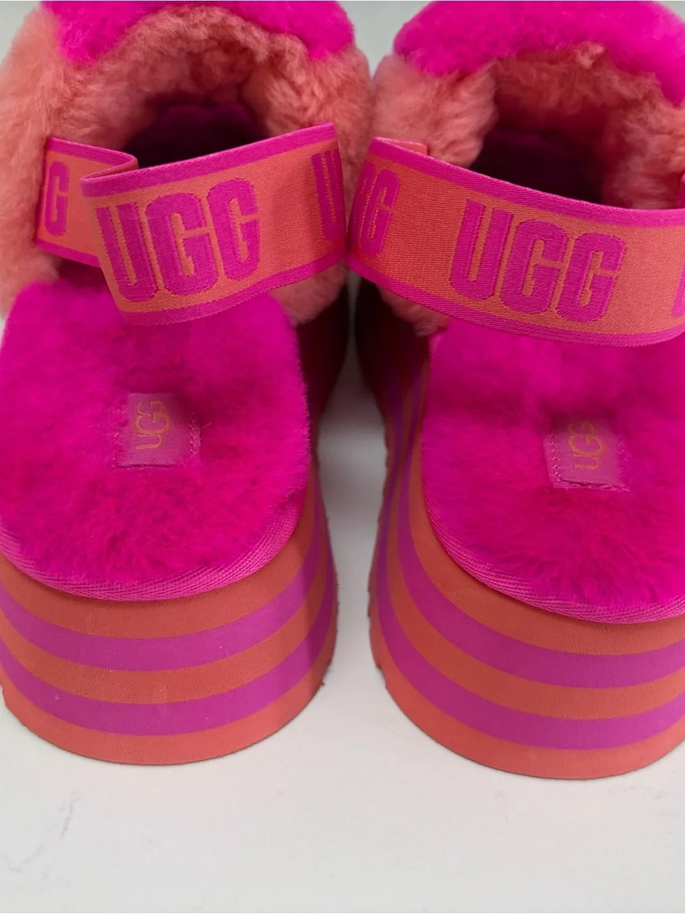 New Ugg Plush Slide Sandals in Bright Pink and Orange